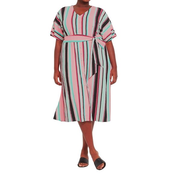 Size 14/16 1X FIJI STRIPED MIDI DRESS W/TIE + POCKETS Duster Spring Summer PLUS - Picture 1 of 7